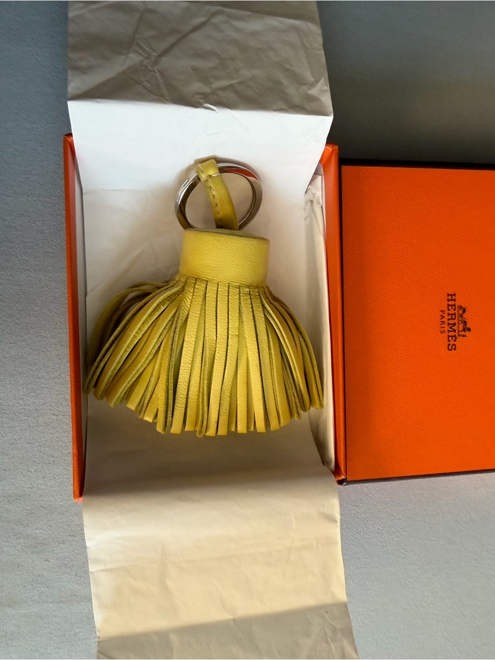 Hermès Yellow Leather Tassel Keyring with Silver-Tone Ring